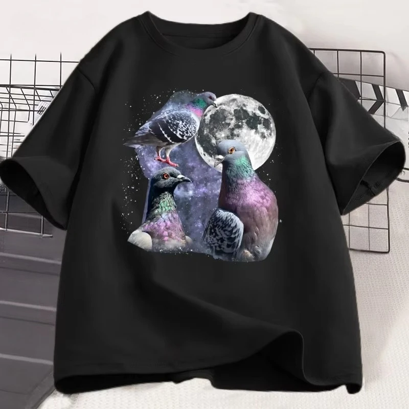 Three Pigeon Retro-Grafik-T-Shirts, Pigeon Moon T-Shirt, übergroßes Vogel-T-Shirt für Männer und Frauen, bedruckte Baumwolle, kurzärmelige Kleidung, Oberteile