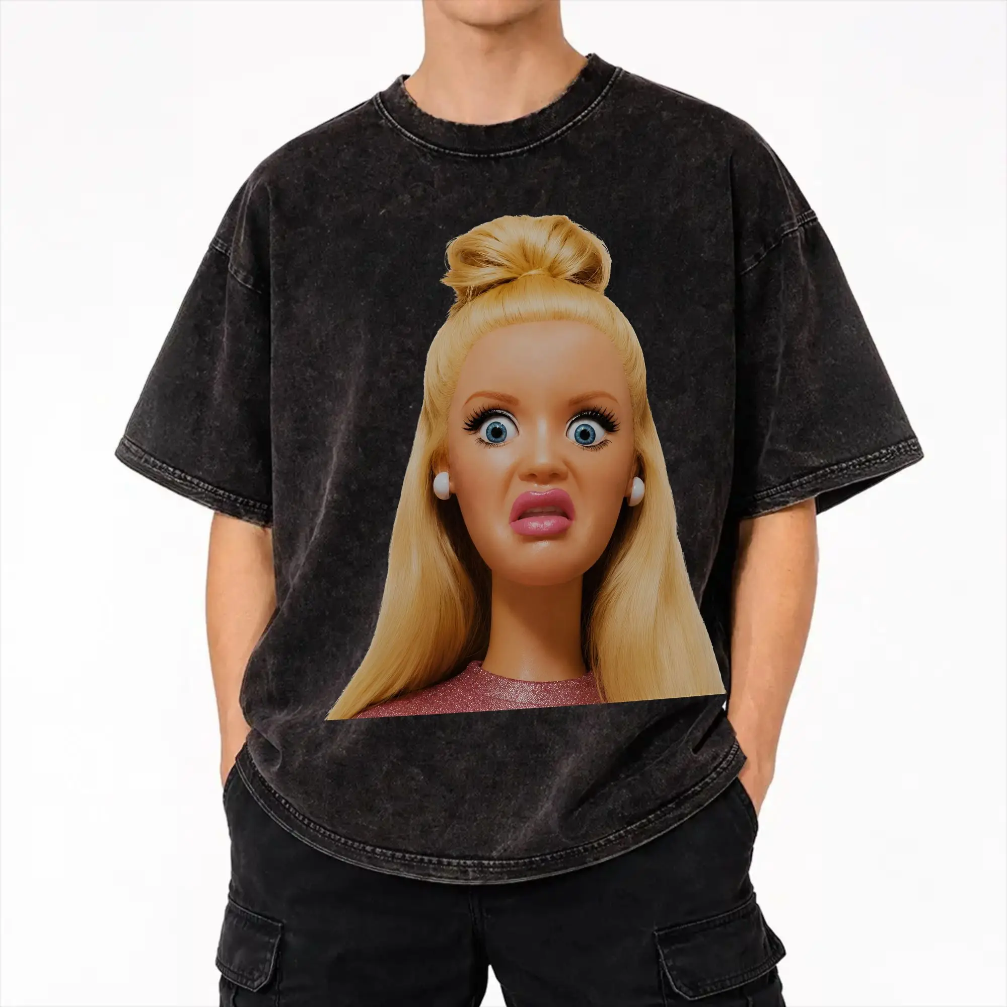 Blonde Doll Disheveled Doll Washed T Shirts Streetwear Hip Hop Novelty T-Shirt  Tees Men Women Short Sleeve Oversize