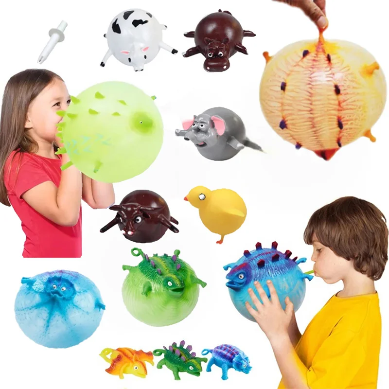 3PCS Children\'s Fun Dinosaur Ranch Animal Inflatable Balloon Squeezing Soft Ball Balloon Party Fun Game Gifts