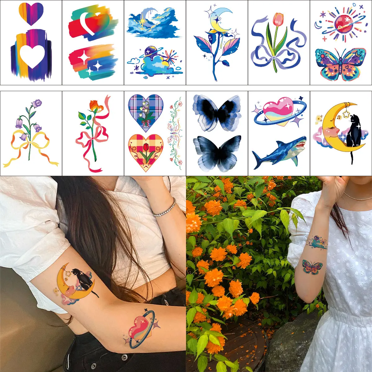 

12Pcs Colorful Love Butterfly Flower Moon Pattern Waterproof Temporary Tattoo Sticker Semi Permanent Tattoo for Women Decoration