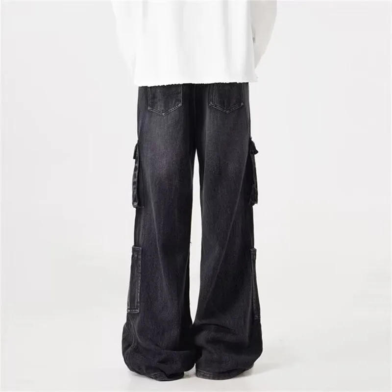 2025 아메리칸 레트로 Y2K 스트리트웨어 워시드 블랙 배기 카고 진 남성 의류 와이드 레그 스트레이트 바지 로파 옴브레
