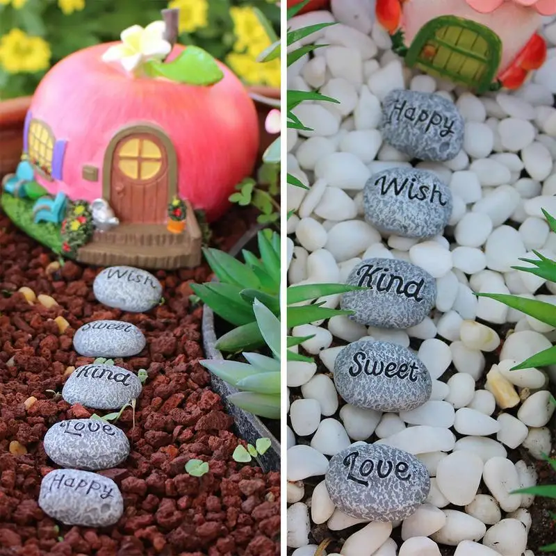 5PCS Bonsai Decorative Rocks Faux Resin Decorative Planter Stones Waterproof Succulent Pebbles Warm Letter Design Garden Decor