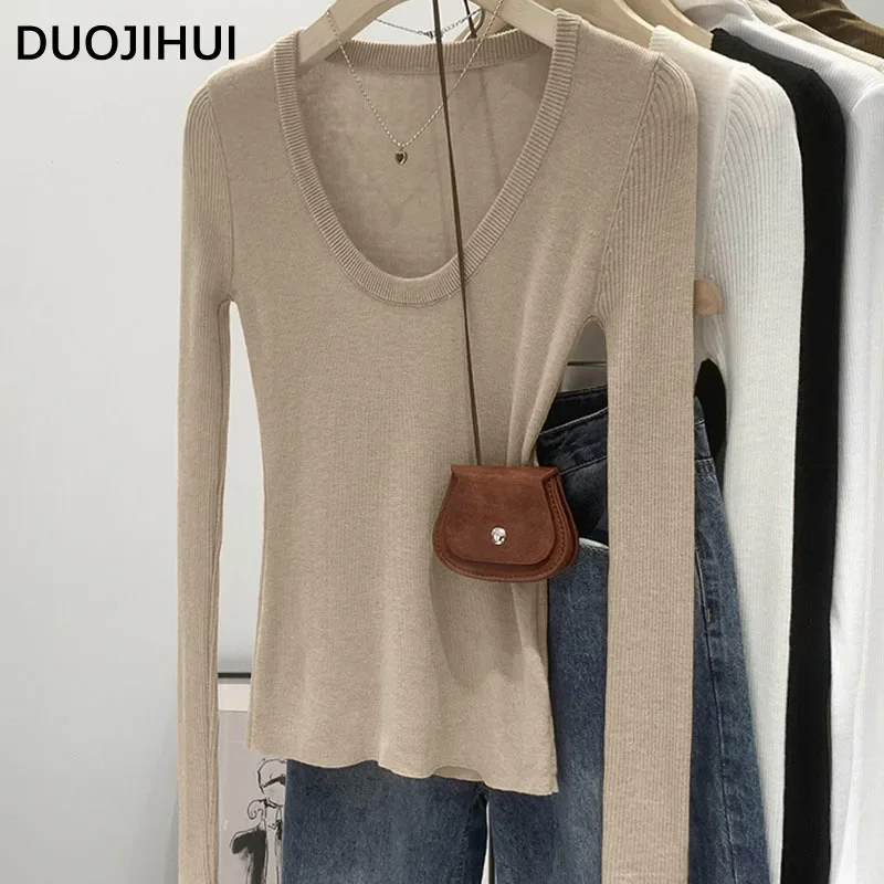 DUOJIHUI New Chic Neck Slim Knitting Autumn Female T-shirts Simple Casual Fashion Office Ladies Basic Solid Color Women T-shirts