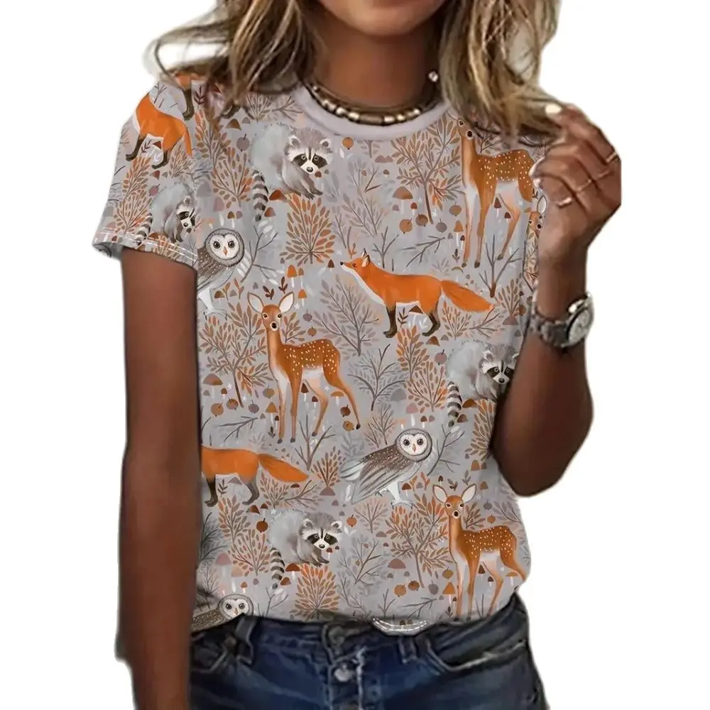 Fox Deer & Calf Print round neck Short Sleeve T-shirt Comfortable casual spring/summer top women\'s T-shirt