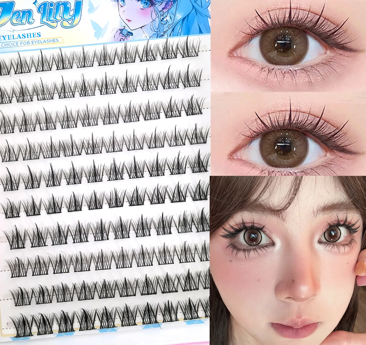 10列の大容量接着剤不要つけまつげ シングルクラスター 10-12MM Cカール ナチュラルセルフ接着つけまつげ
