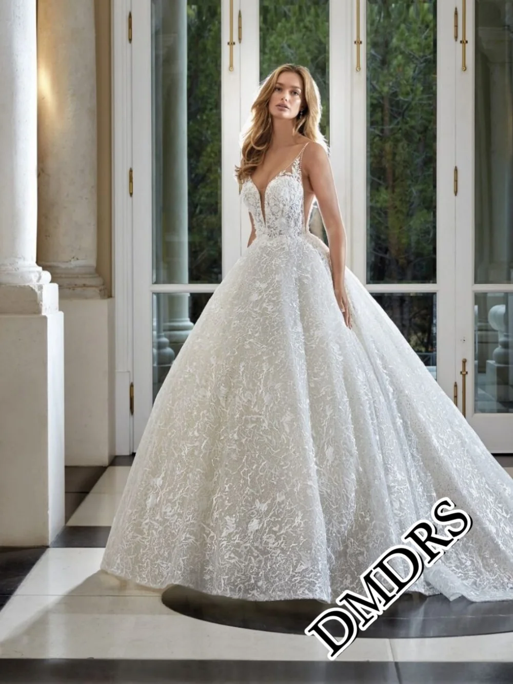 

DMDRS Charming V-Neck Long-Sleeve Wedding Dress Charming Lace Bridal Gowns Sexy A-Line Floor-Length Wedding Gowns Vestidos De No