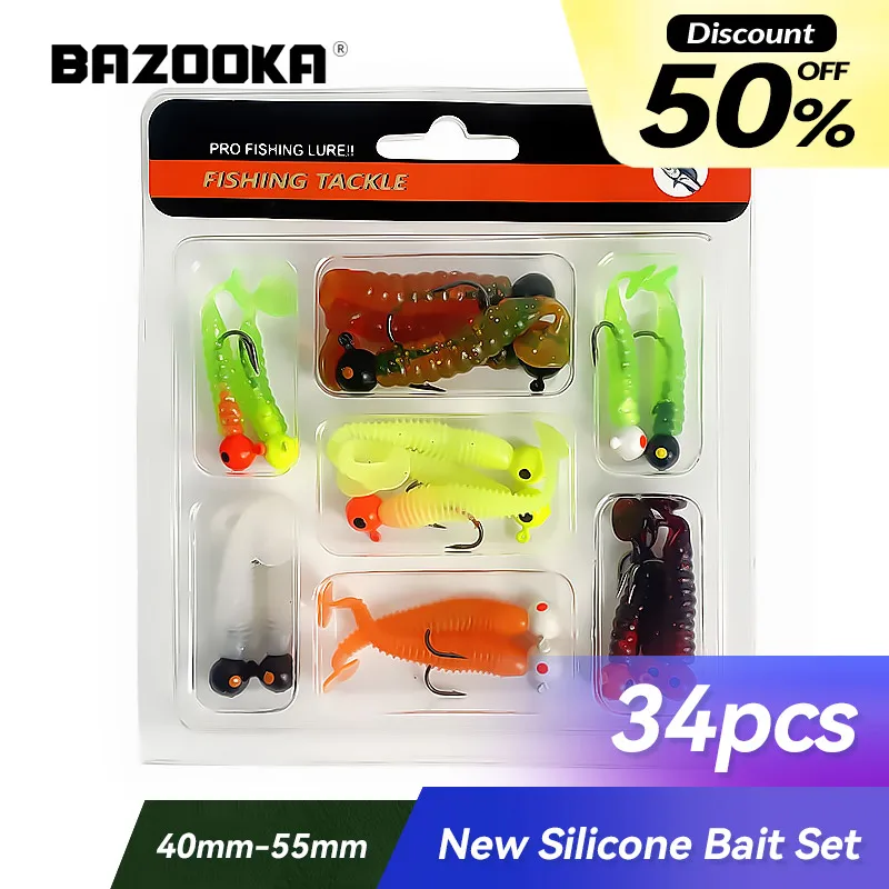 

Bazooka 32pcs Soft Lure Set Shad Loach Artificial Fishing Bait Wobblers Silicone Jighead Jigging Head Kit Easy Shiner Winter