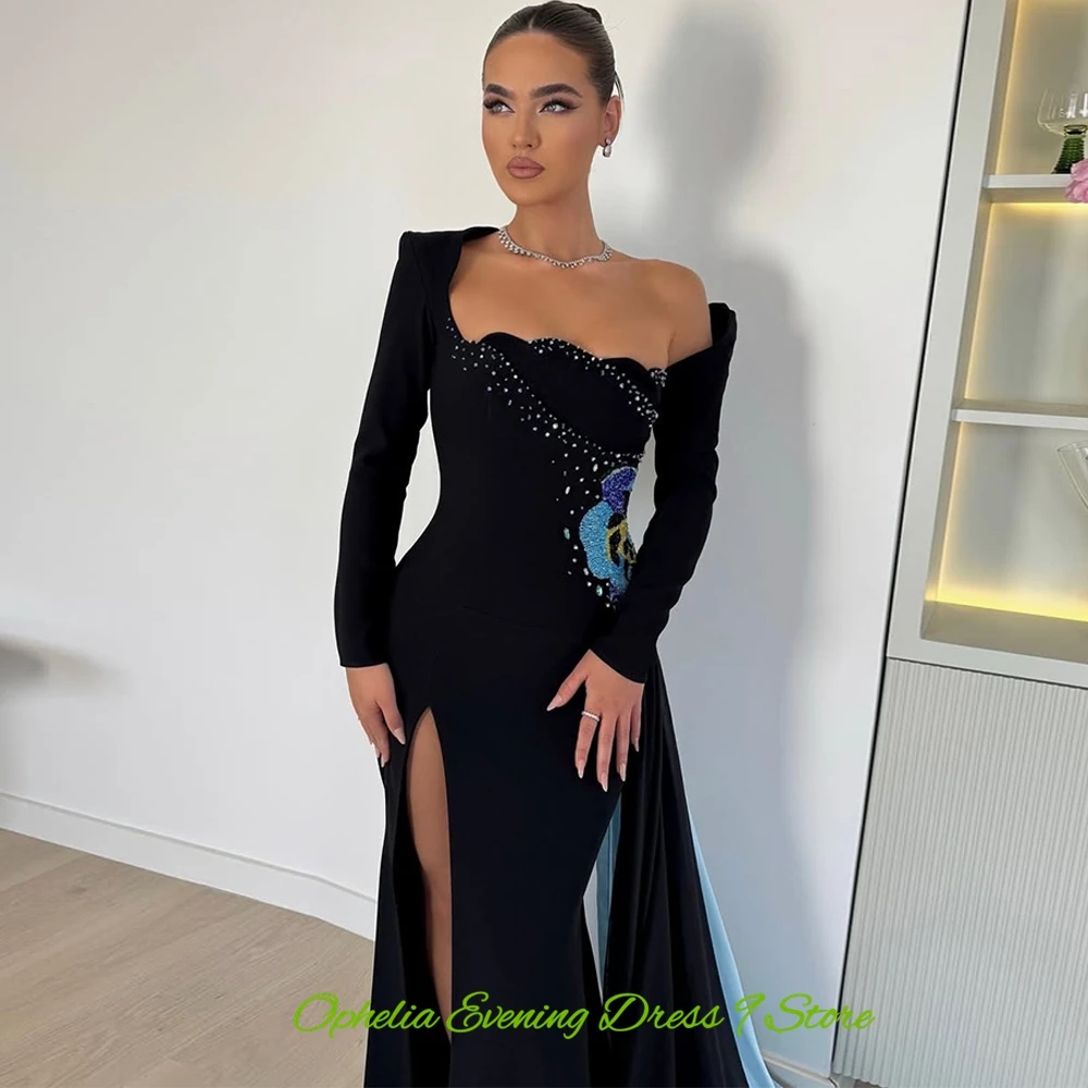 Simple Jersey Long Sleeves Evening Dresses Luxury Colorful Beaded Customized Party Dresses Classic Panel Train Prom Gowns image 3