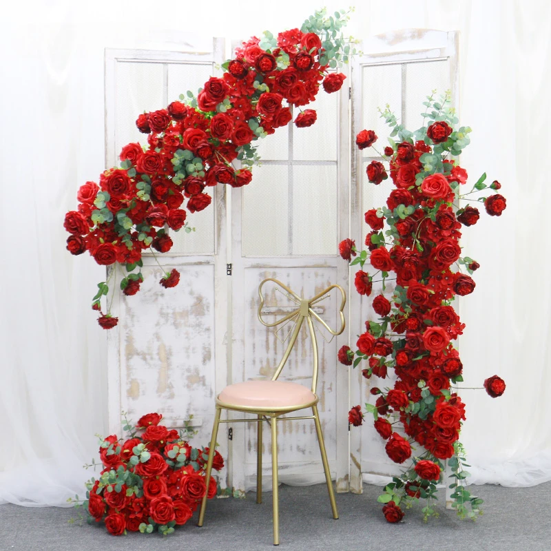 Red Peony Eucalyptus Leaf Wedding Arch Flower Decoration Artificial Flower Row Table Floral Ball Party Event Backdrop Decor