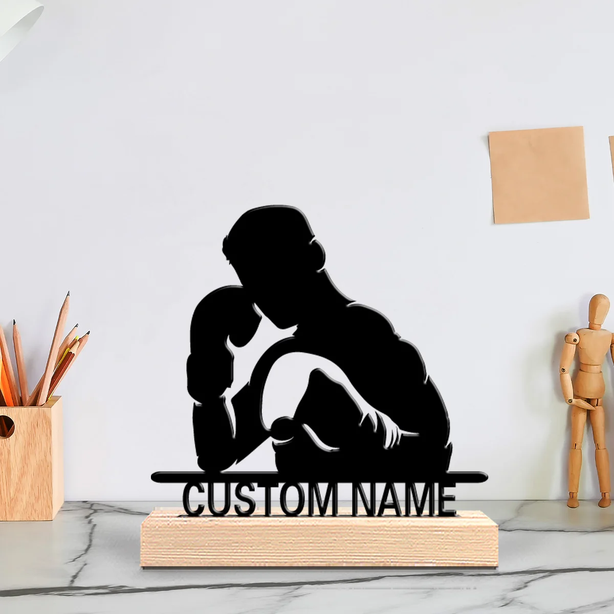1pc Minimalist Boxing expert Custom Letter Handicraft With Wood Base Metal Sculpture With Wood Base For Girl Gifts