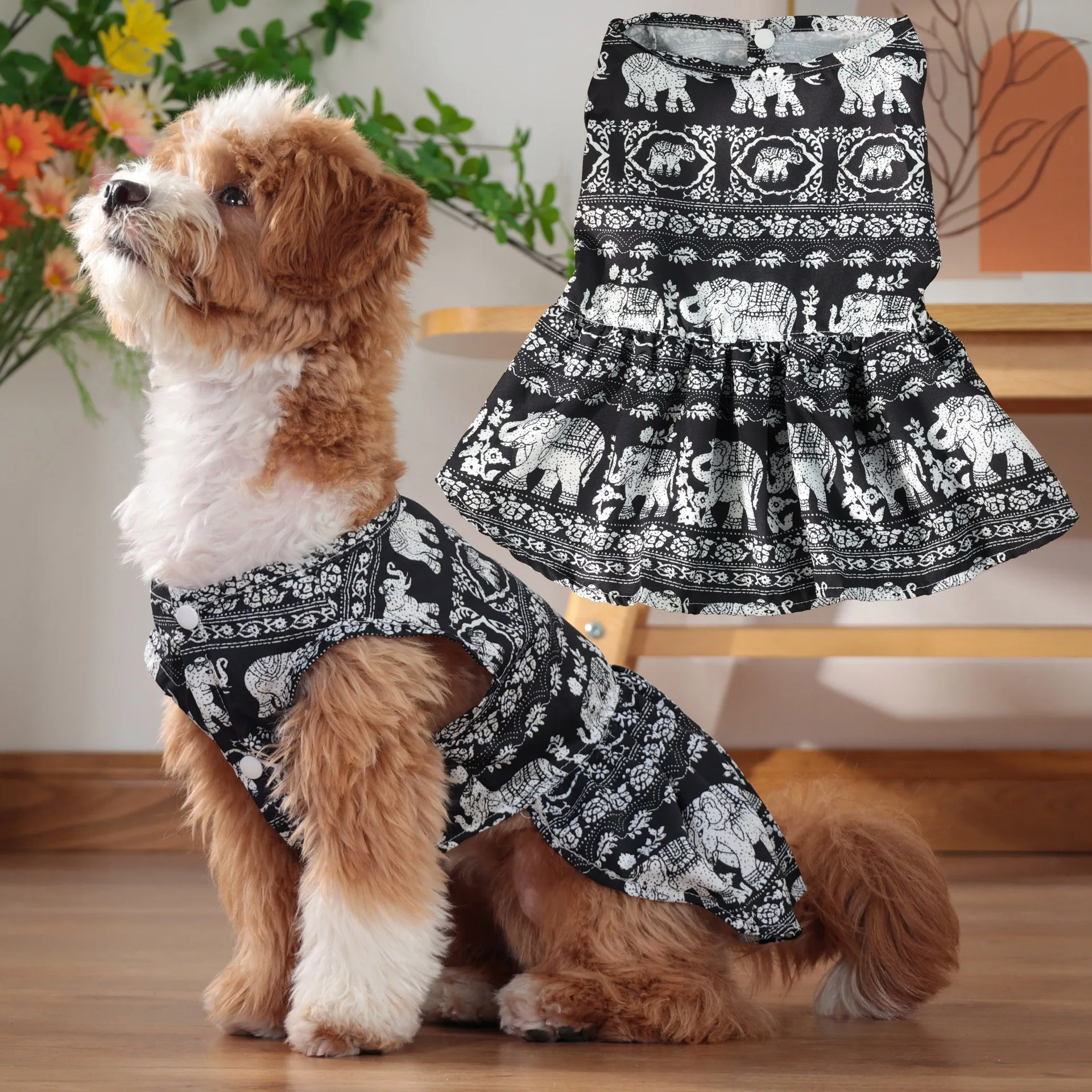 Falda tipo chaleco para perro, vestido refrescante de verano para perro, falda boho con estampado de elefante, ropa fina y transpirable para cachorros, ropa para perros pequeños y medianos