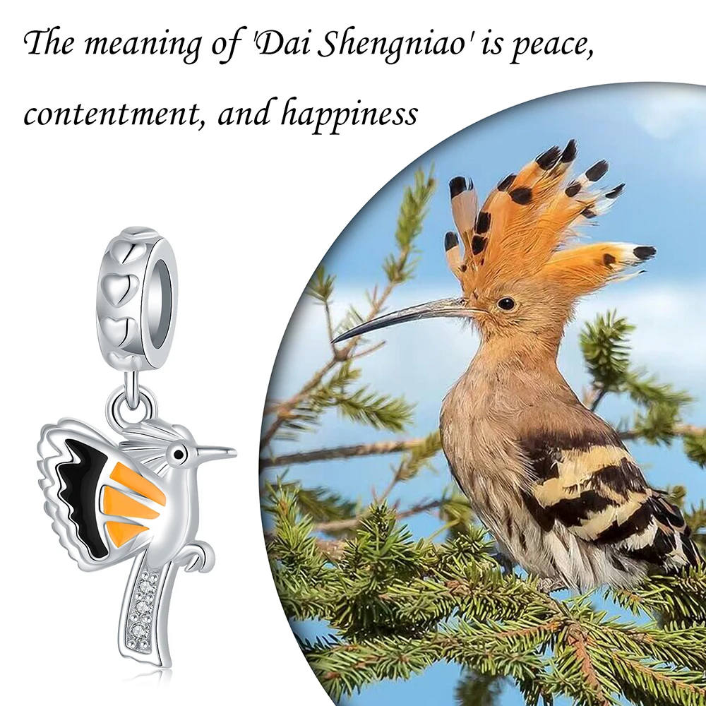 925 Sterling Silver Hoopoe Bird Bead With Enamel Charm Fit Original European Bracelets Birthday Jewelry for Women Friends Gifts