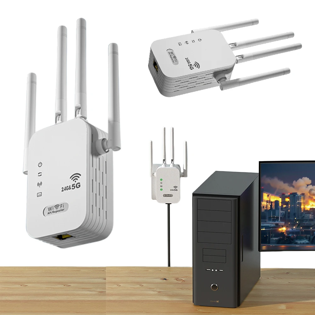 

1200Mbps Wireless WiFi Repeater with WAN/LAN Port Dual-Band 2.4GHz/5GHz Wi-Fi Signal Booster 4 Antennas WiFi Signal Amplifier