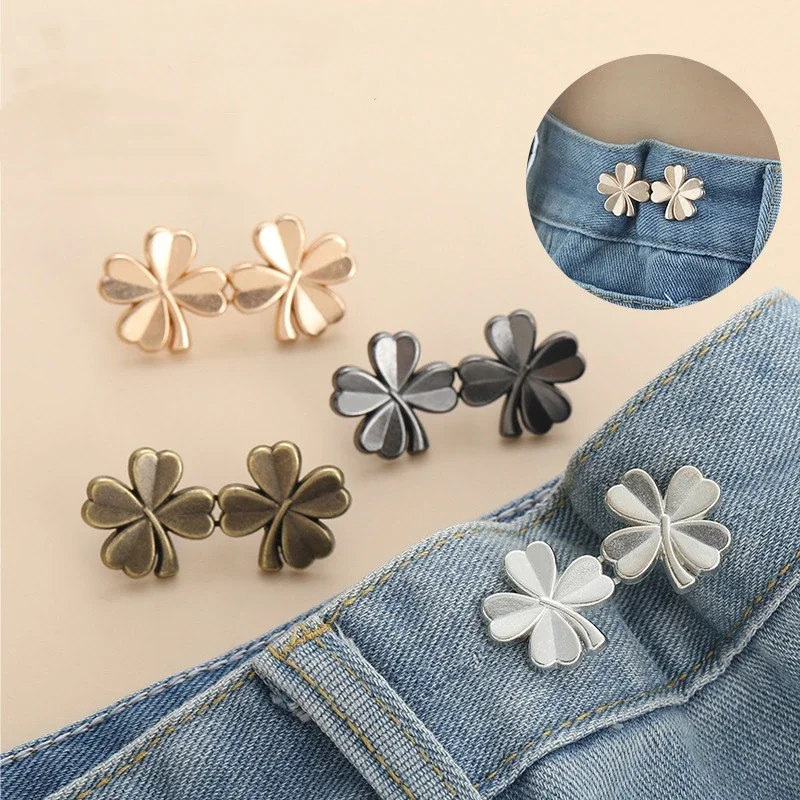 

1Pair Four Leaf Clover Tightener Adjustable Waist Buckle For Jeans No Sewing Required Button Removable Pants Skirts