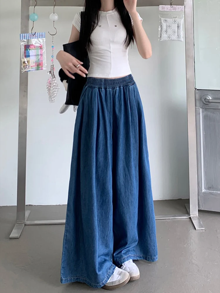 2024 Summer Fashion Denim Wide Pants Womens Loose Jeans Ladies Leisure Vintage Elastic Waist Trouser