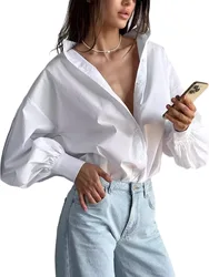 Women's Long Lantern Sleeve Shirt Elegant Luxury Button Up Novelty Blouses Office Lady White Autumn y2k Trend Solid Top