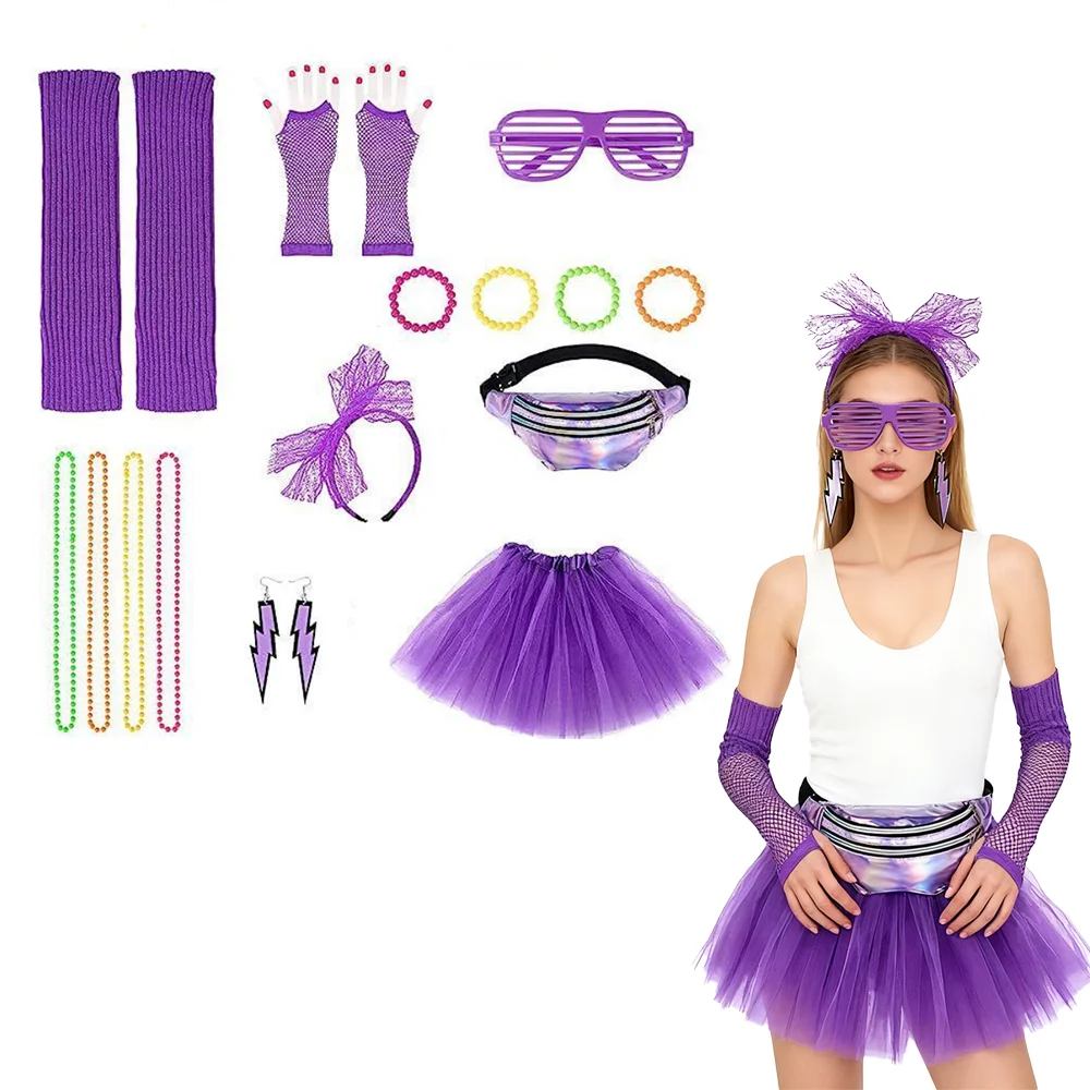 

80s Accessories for Women Lace Headband Earrings Necklace Bracelet Gloves Leg Warmers Pack for 80s Outfit Party Set