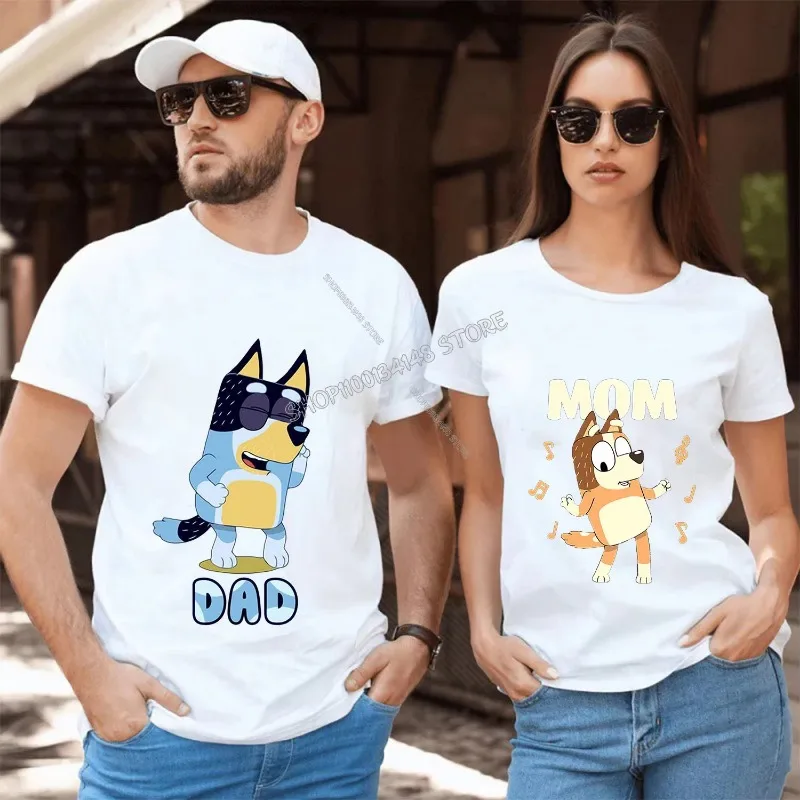 Bluey Bingo Dad Mom T-Shirts Cute Cartoon Tops Summer Parent-child Clothing Adult Anime Figure Black White Tee Family Clothes