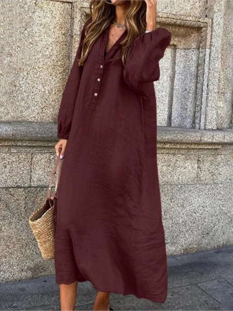 Women's Autumn New Cotton Linen Solid Color Long Sleeved Sexy V-neck Fashionable Button Long Casual Loose Comfortable Dress