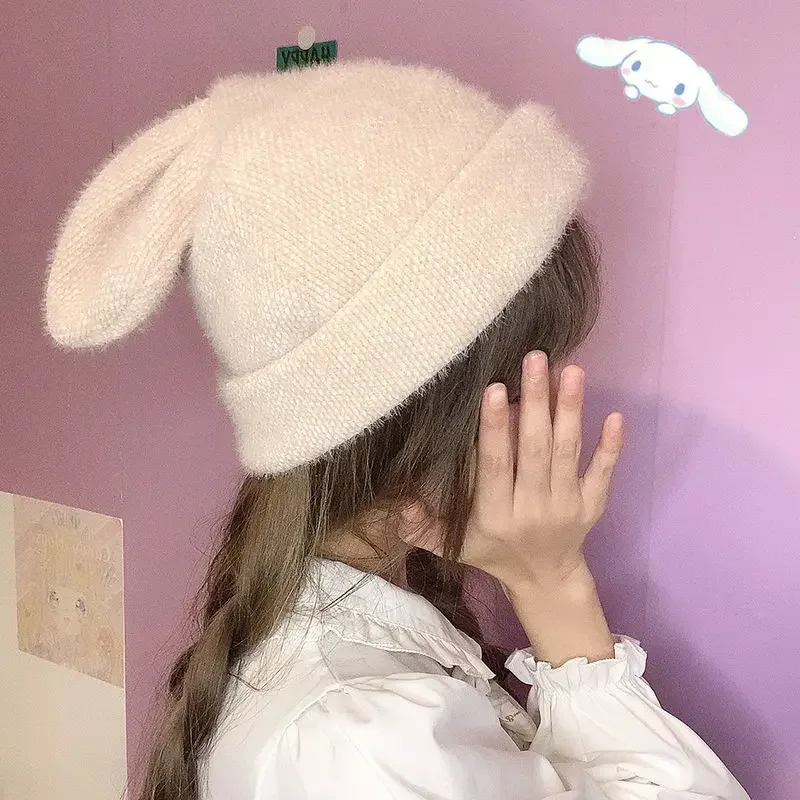 Cute Rabbit Ears Women Hat Winter Warm Plus Velvet Japanese Style Kawaii Chenille Woolen Cap Female Knitted Hat