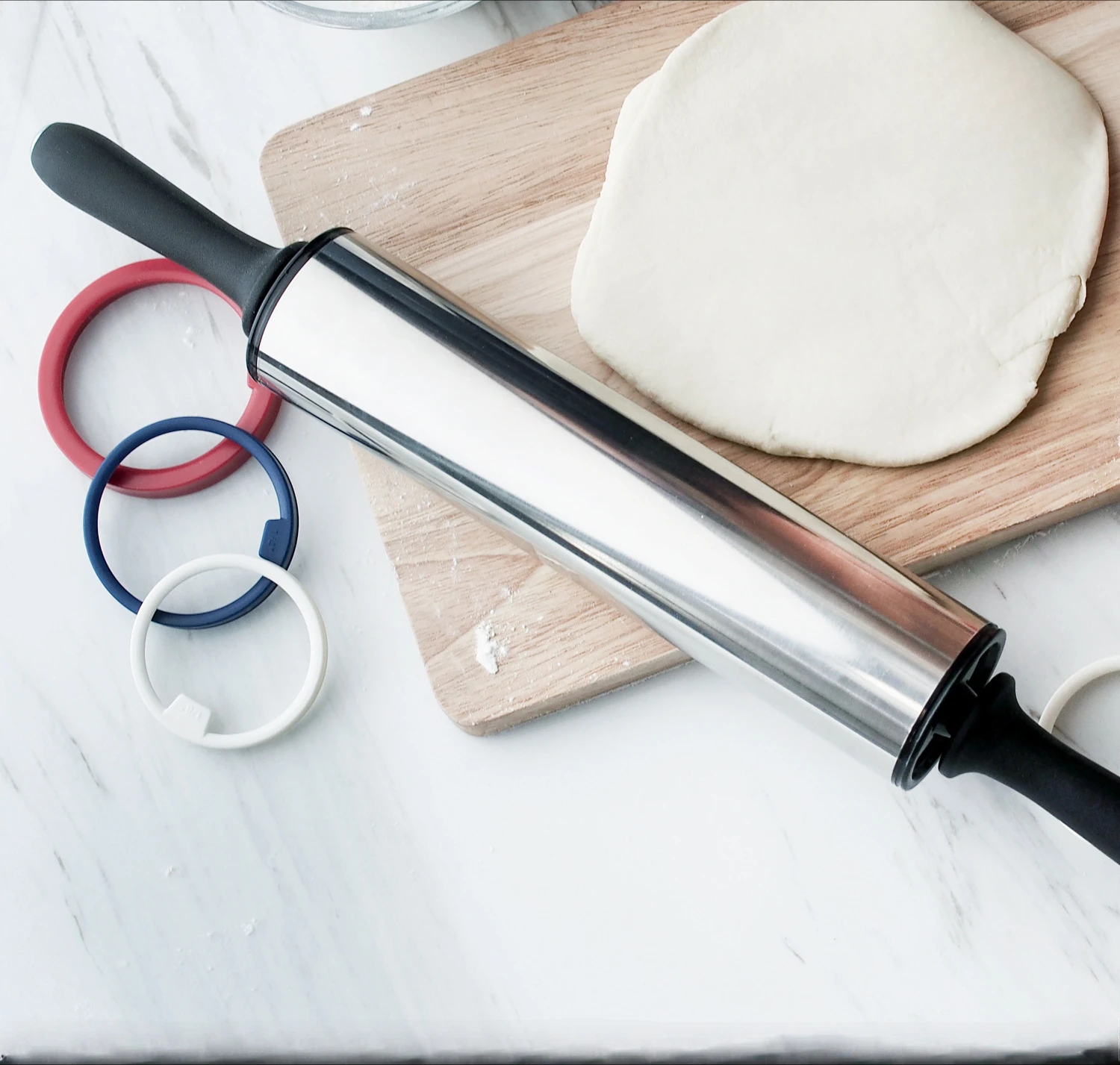 11 Inch ABS PP Plastic Handle Stainless Steel Adjustable Rolling Pin with Thickness Rings