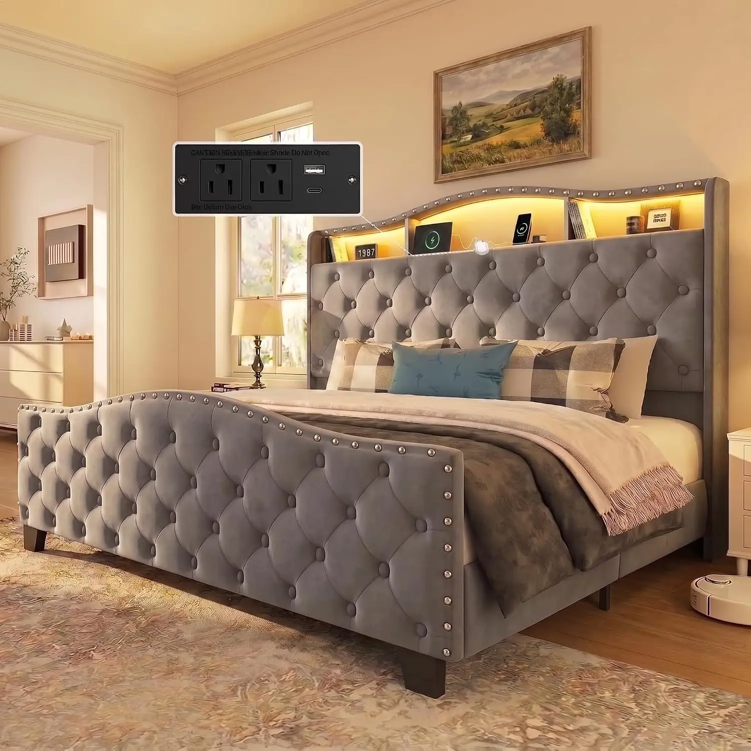 Queen Size Platform Bed Frame with 50.9" LED Headboard, Grey, Customized