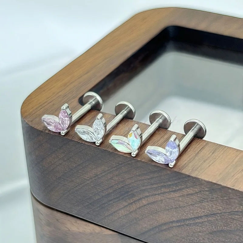 G23 Titanium 16G CZ Double Horse Eye Labret Piercing Internal Thread Tragus Helix Cartilage Flat Back Earrings Jewelry