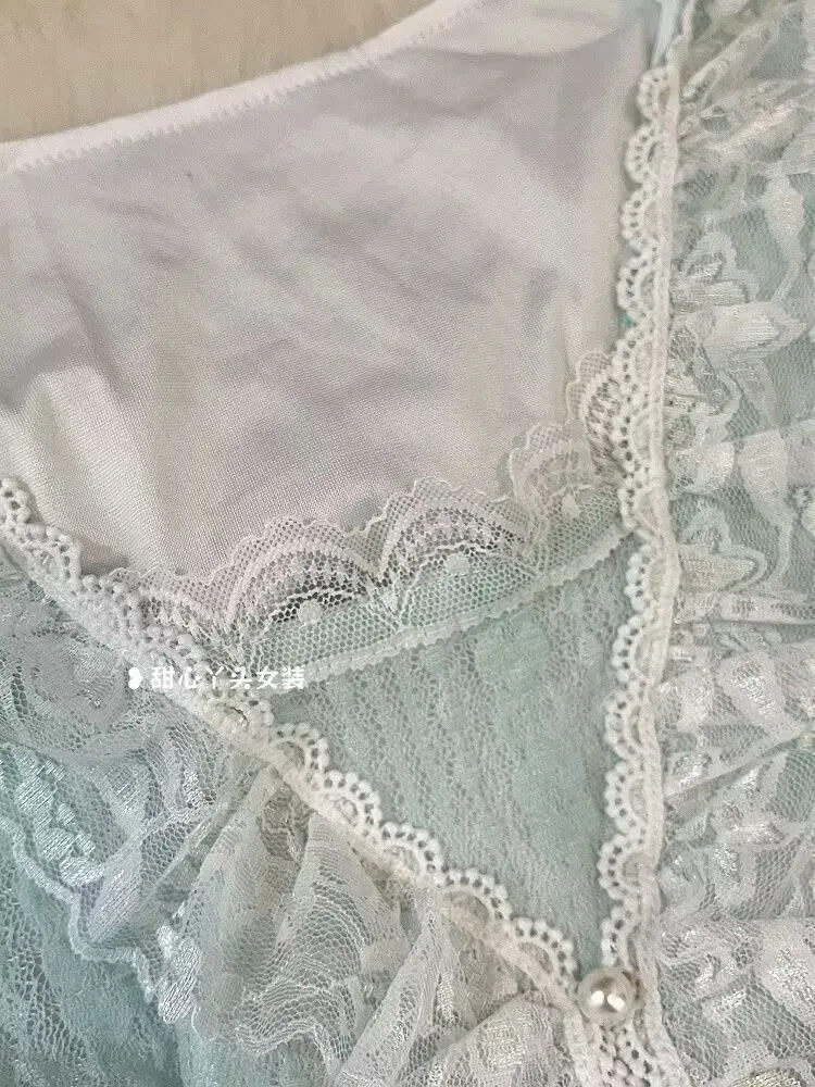 New Fashion Retro Elegant Sweet Cute Lolita Lace 2 Piece Set Women Short-sleeved Y2k Tops + Mini Cake Kawaii Mini Skirt Outfit