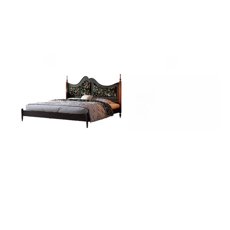 

Black solid wood bed French retro master bedroom premium double bed medium antique ash wood soft bag bed