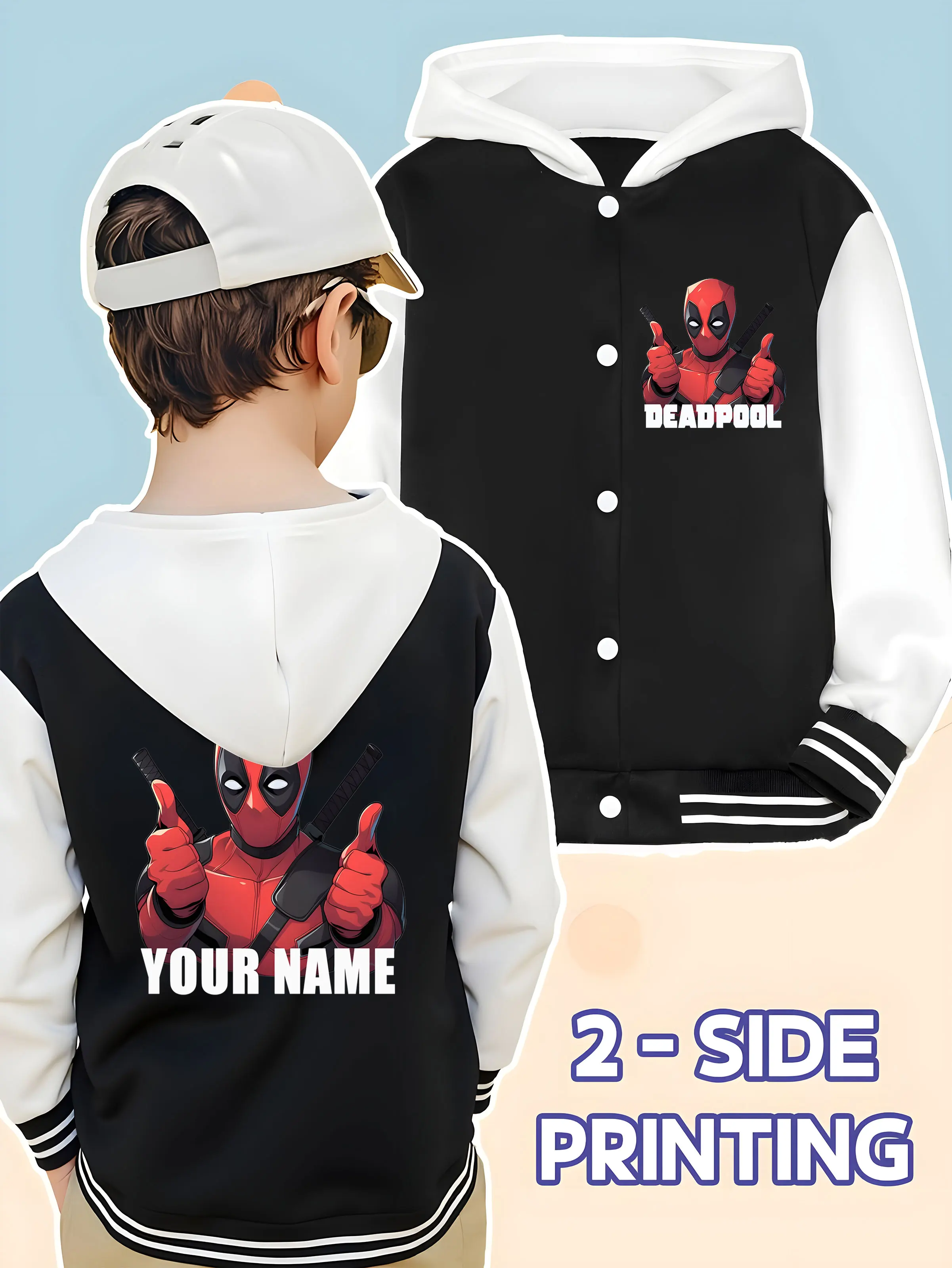 سترة بيسبول MINISO Marvel Boys - طباعة صورة ممتعة من Deadpool، أسلوب حيوي، مثالية لملابس الربيع والخريف غير الرسمية، مناسبة