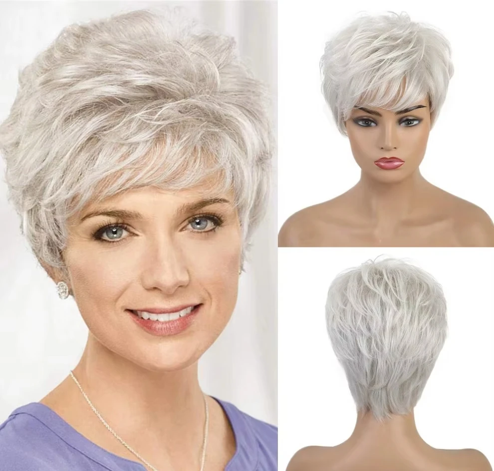 Silver Grey Wig Short Natural Straight Synthetic Wigs for White Women Fake Hair Wig Looking Heat Resistant Fiber