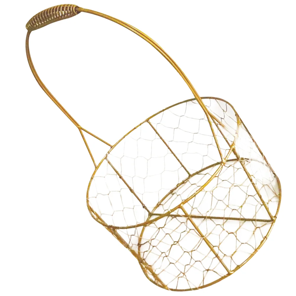 Wrought Iron Storage Basket Round Wire Wedding Decoration Flower Girl Tinsel Baskets with Handle Gold Decorative