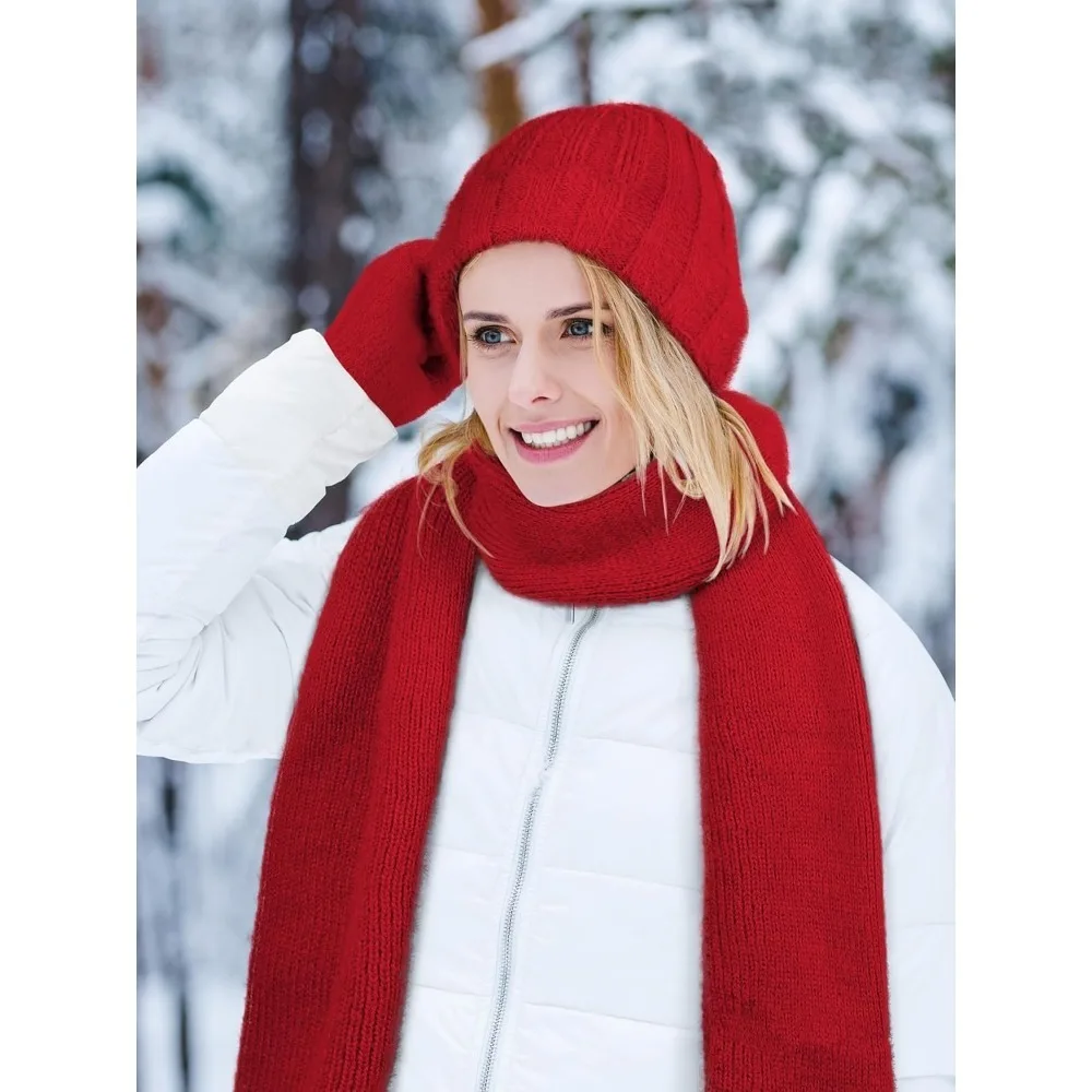 الشتاء قبعة قبعة وشاح قفازات، الدافئة الصوف متماسكة قبعة وشاح طويل الرقبة أدفأ شاشة تعمل باللمس قفازات الشتاء مجموعة هدايا للنساء