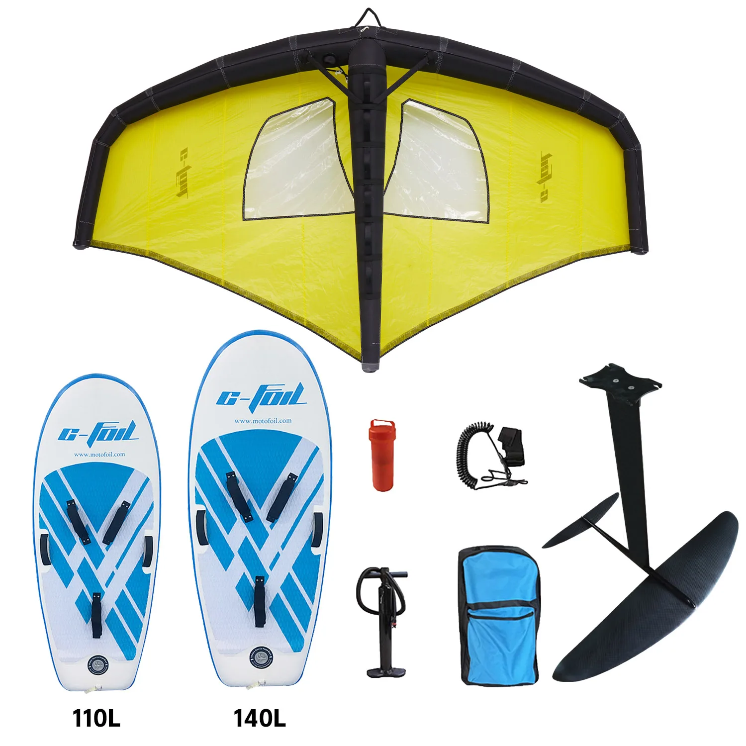 

Beginner Foil Surf Kit 7m Yellow Windsurf 140L & 110L Inflatable Wing Foil Board Kites Soft Handle Ocean Waters Lakes & Rivers
