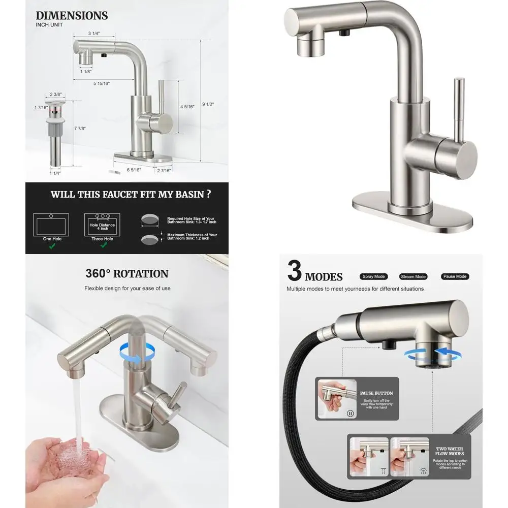 

Modern 1-Hole Brushed Nickel Bathroom Faucet with Pull-Out Spray, 15.5 Hose, 360° Swivel, Pop-Up Drain