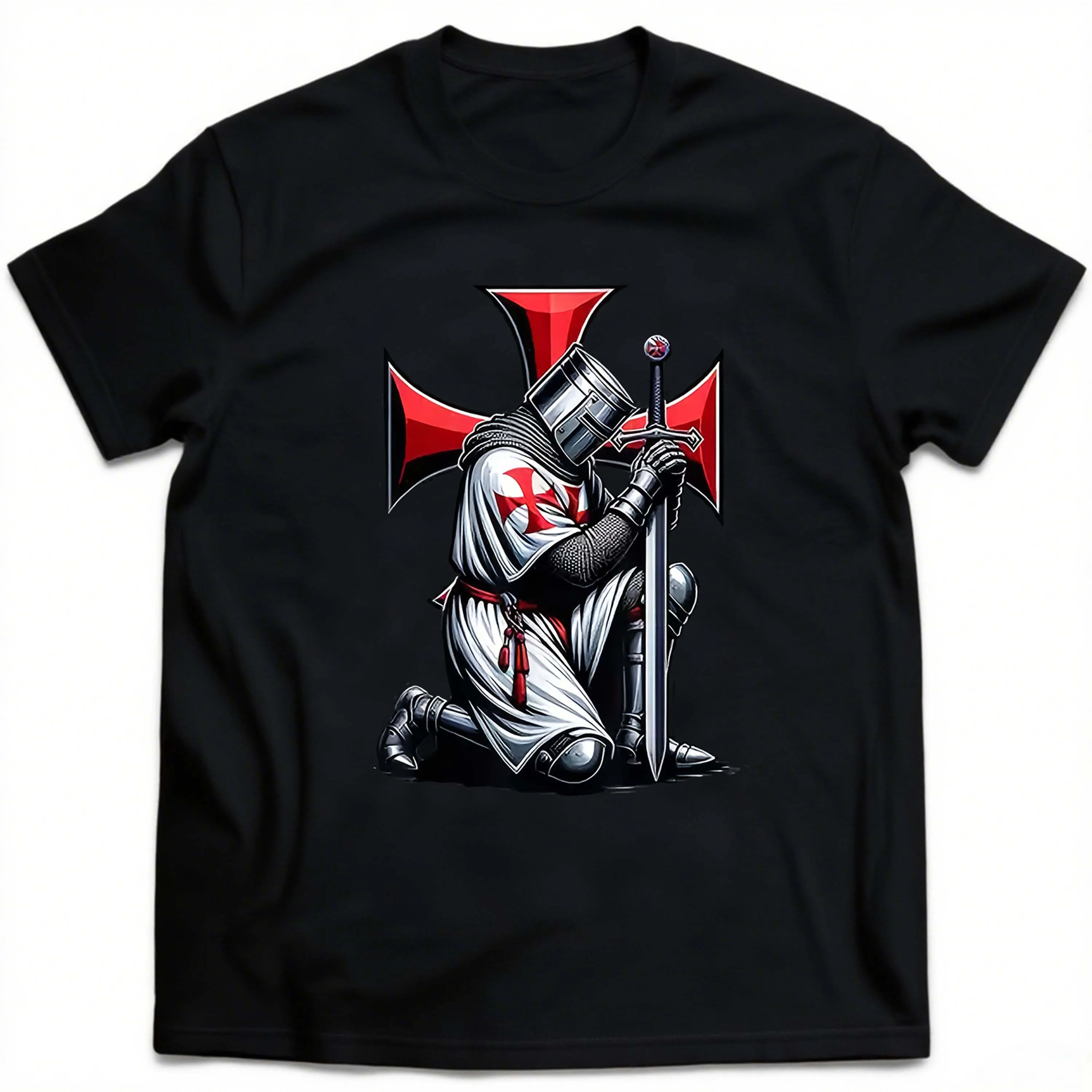 Plus size heren T-shirt met korte mouwen en kruisvaarder ridderpatroon zwart geschikt voor vrijetijdskleding buitenshuis in de zomer