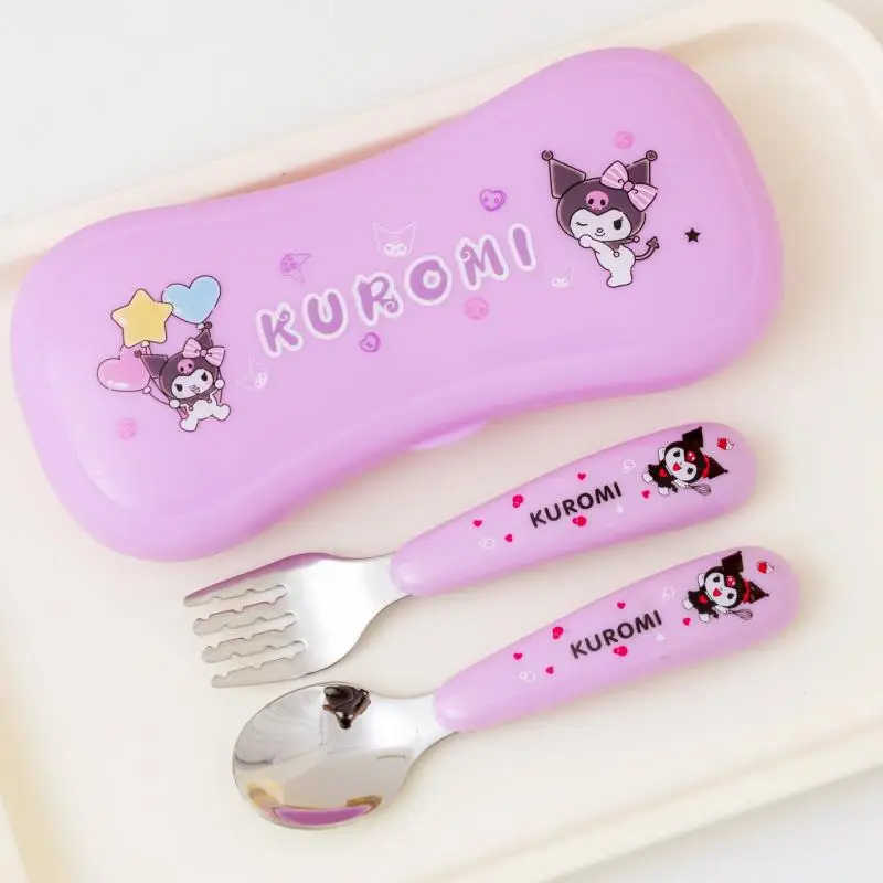 Sanrio conjunto de talheres de aço inoxidável para crianças, 2 peças, garfo, colher, kuromi, estudante, brinquedos de mesa para crianças