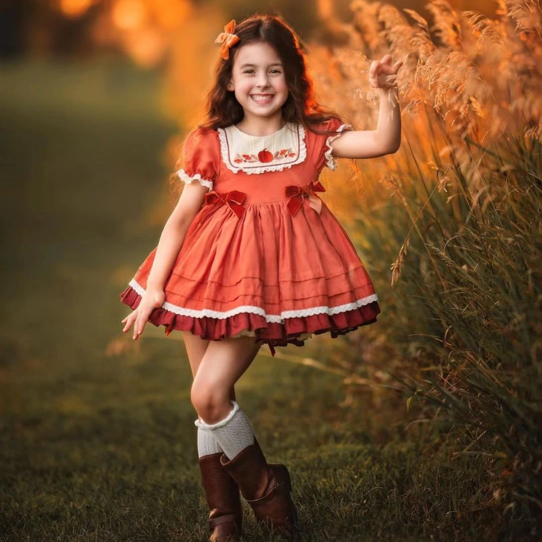 0-12Y Baby Girl Autumn Winter Orange Pumpkin Embroidery Turkish Vintage Spanish Princess Dress for