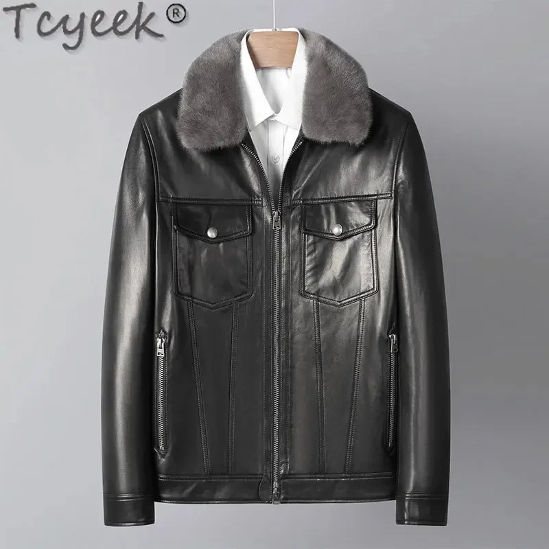 

Genuine Tcyeek Leather Jacket Men Winter Jackets Real Goatskin Down Coat Detachable Mink Lapel Collar Coats Goose Liner