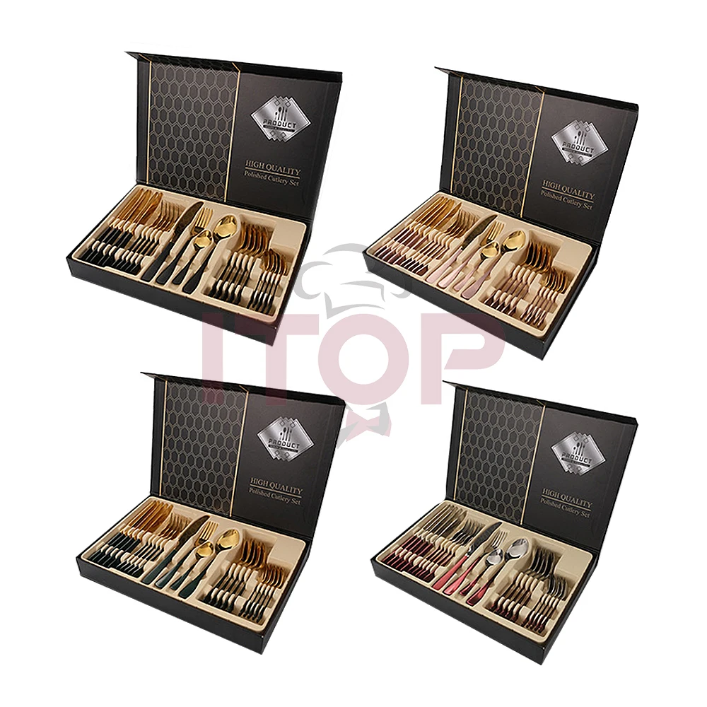 

Золотая вилка, ложка, нож, современный отель, ресторан Juego De Cubiertos De 24-х предметный подвесной набор столовых приборов из нержавеющей стали для свадьбы