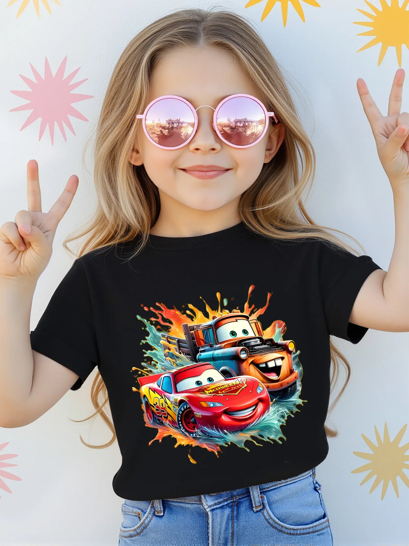 

Lightning McQueen & Mater Girls T-Shirt Short Sleeve Cotton Tees Cartoon Disney Y2k Tops Boys and Girls T-shirt Children Clothes