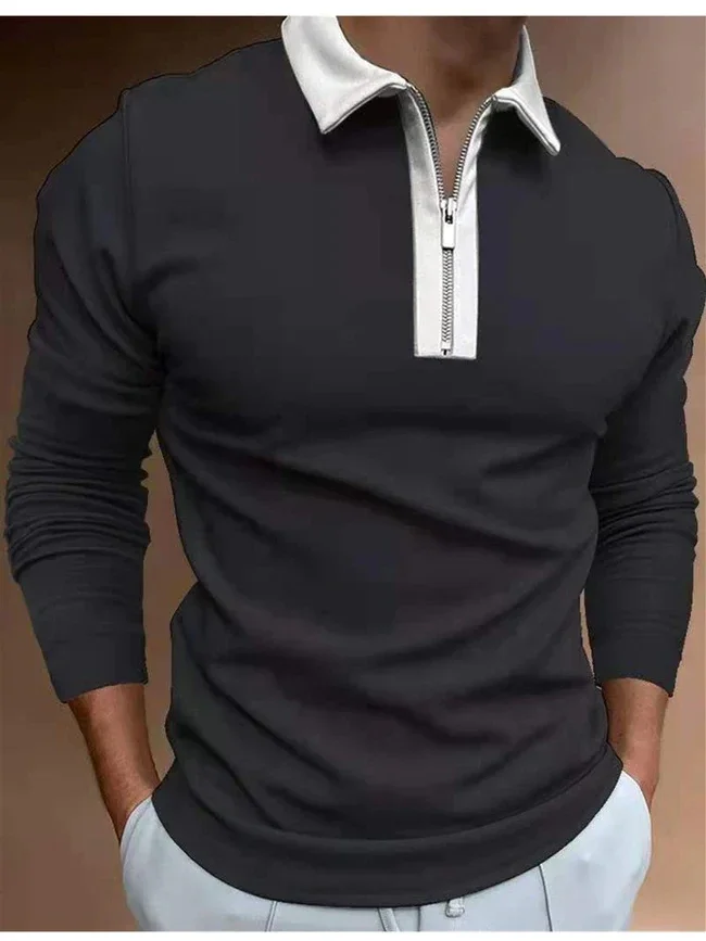 

Men's Zipper Color Block Long Sleeve POLO Shirt