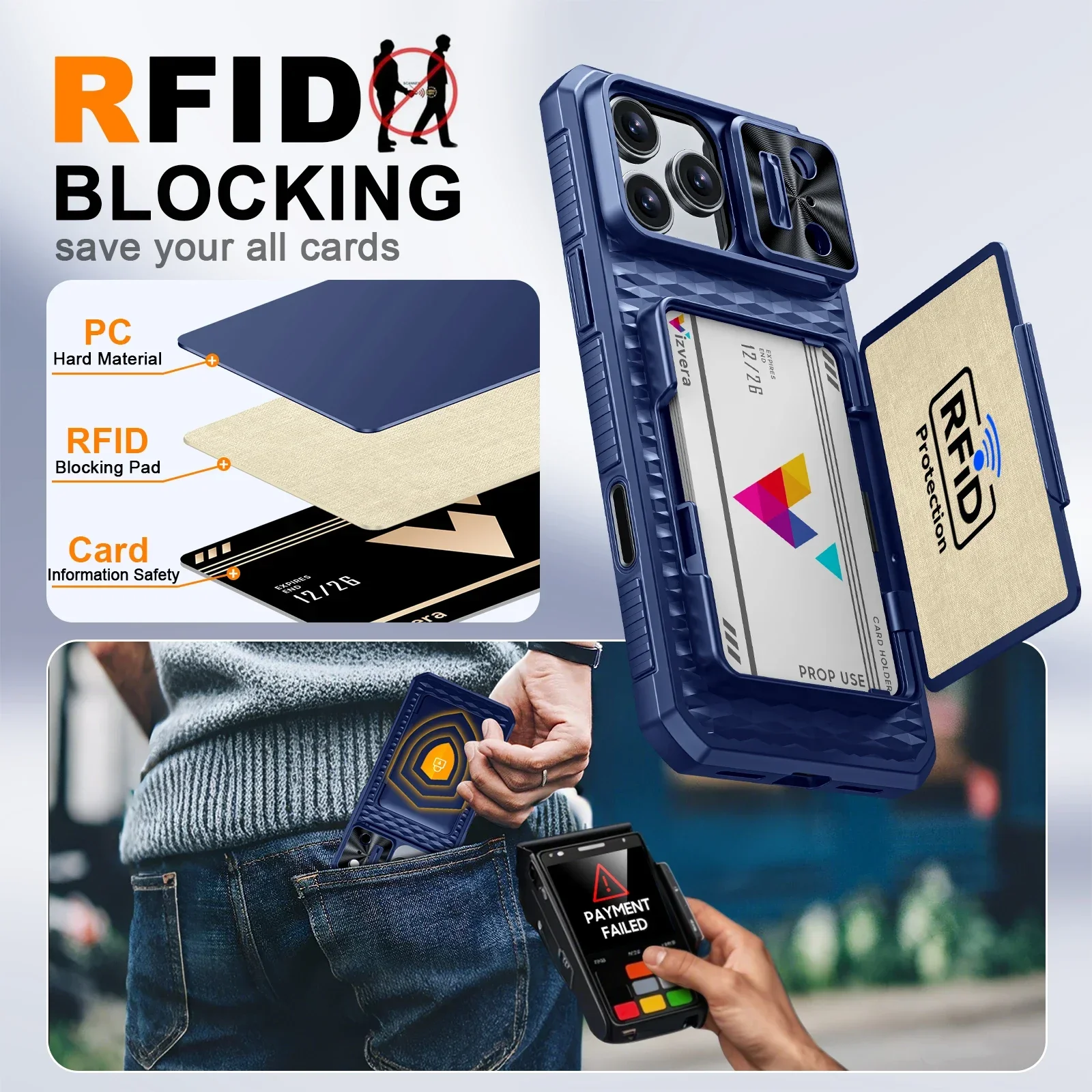 هدايا الهالوين مع حامل بطاقات وغطاء كاميرا منزلق وحامل لهاتف iPhone 17 Pro Max، حافظة محفظة PC+TPU مضادة للسقوط - أزرق #3