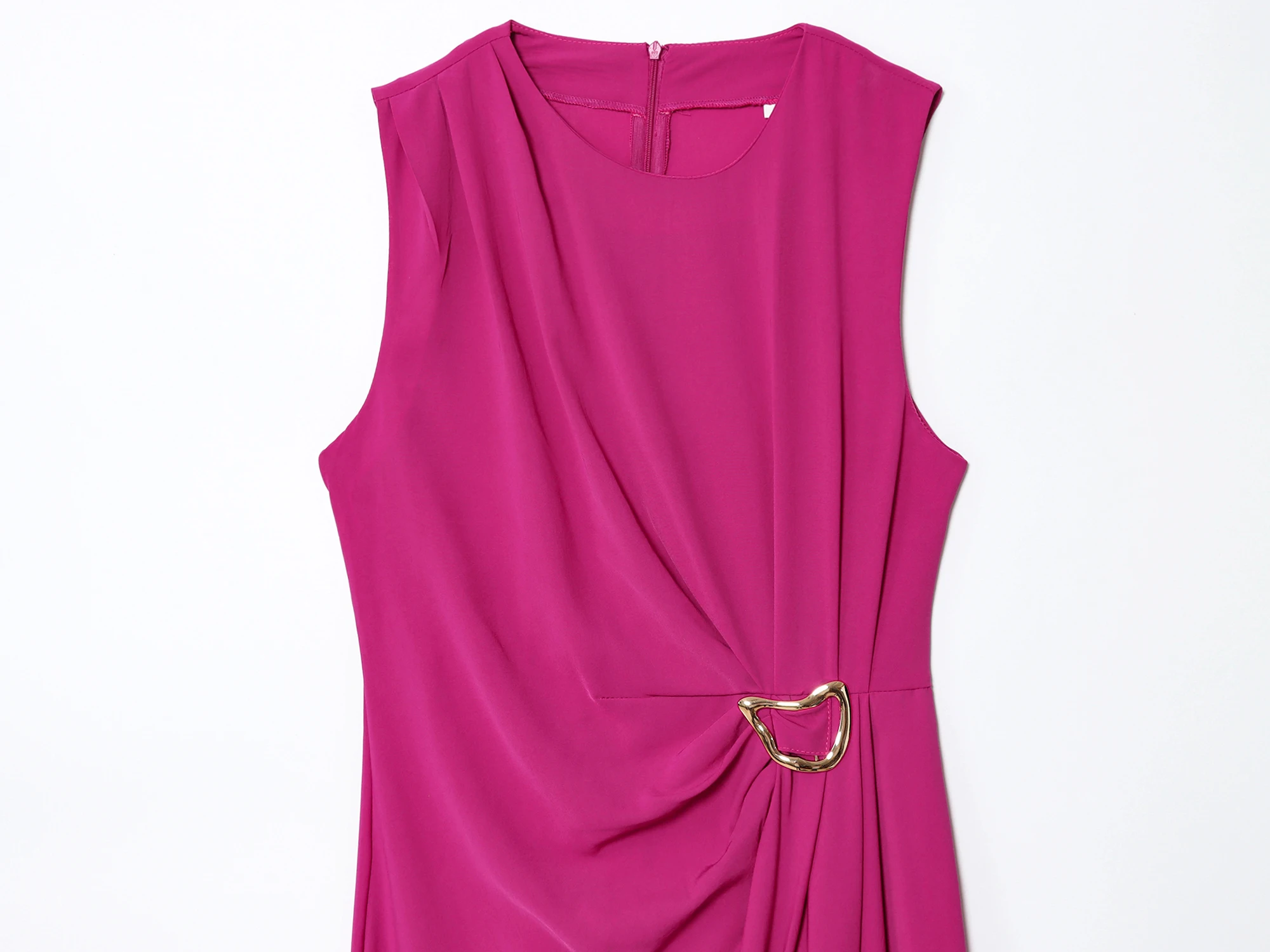 HH – robe mi-longue de soirée rouge Rose pour femmes, élégante, couleur unie, col rond, boucle plissée, fente latérale, fermeture éclair asymétrique, robe à la mode