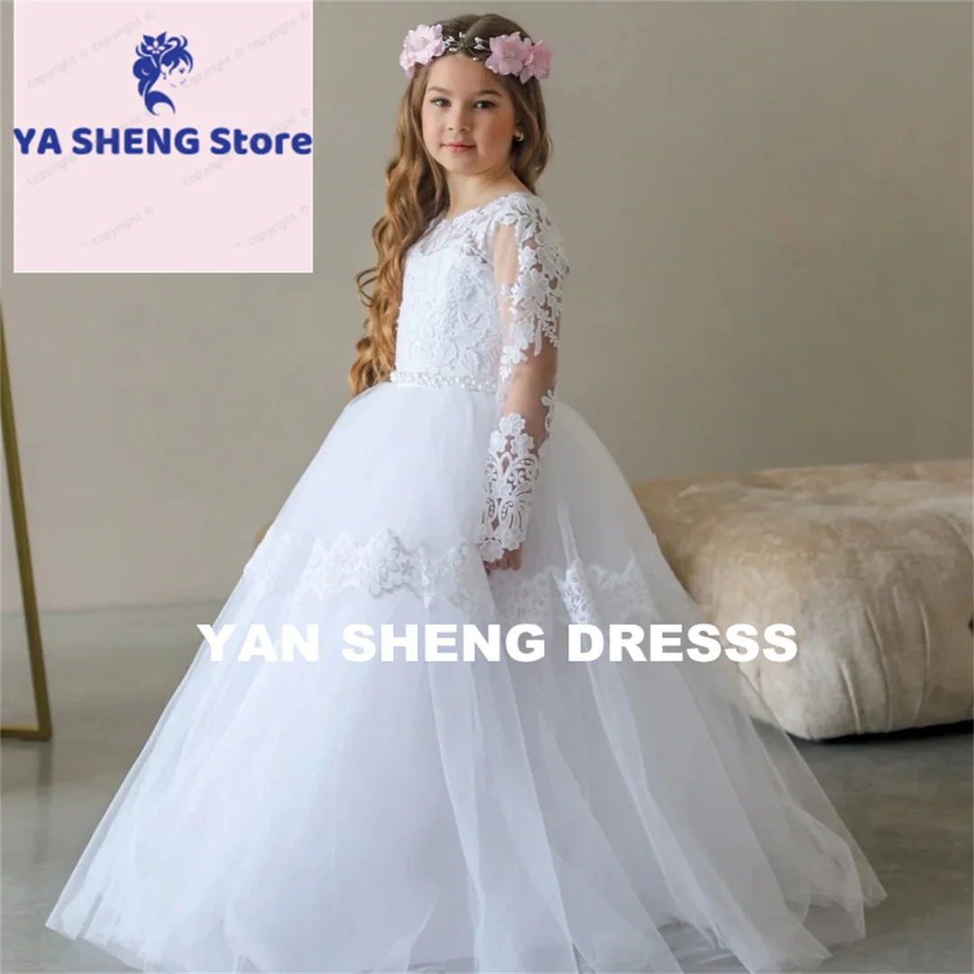 

Customized Flower Girl Dresses Pearls Belt or Lace Appliques Long Sleeve Wedding Birthday FParty Holy Communion Gown