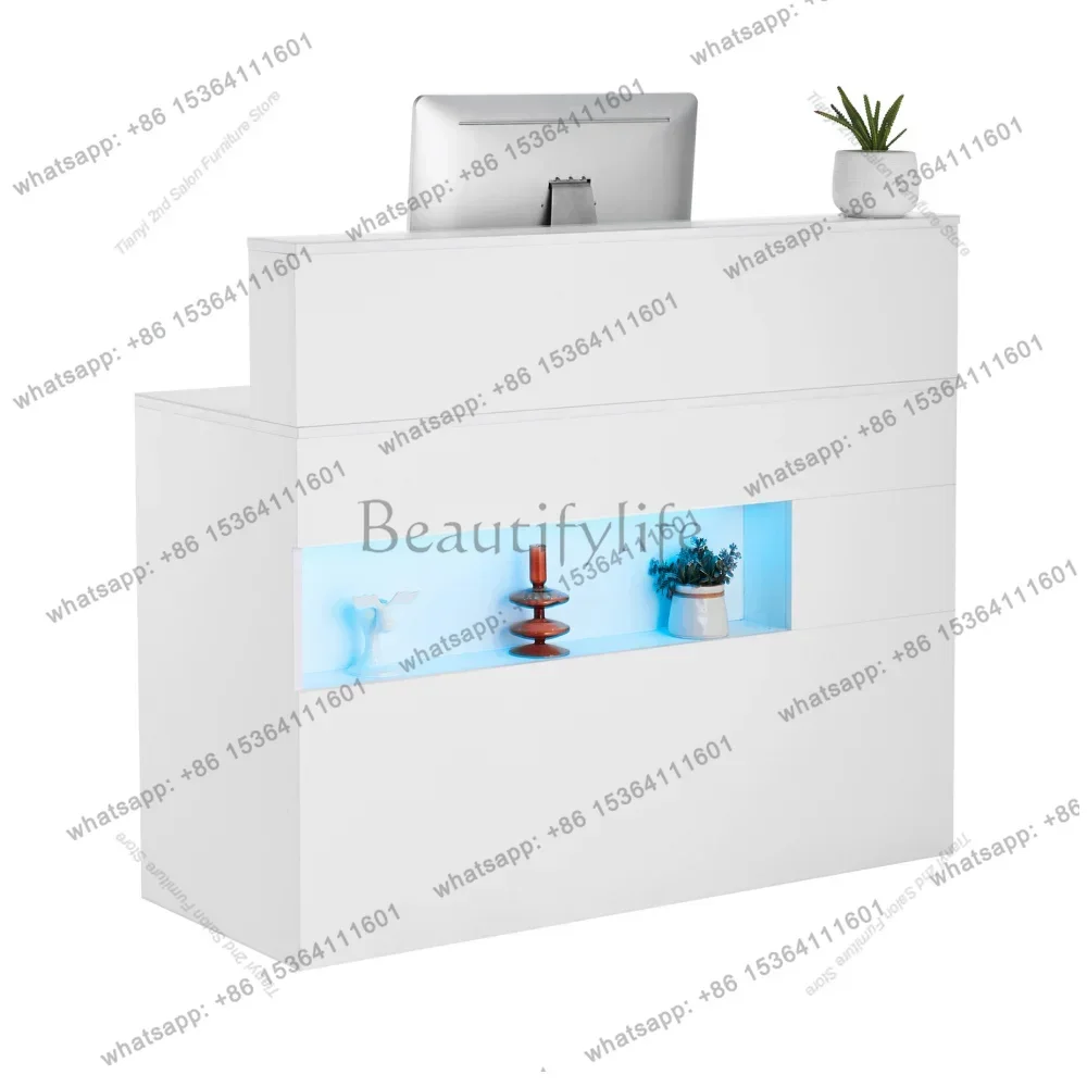LSReception Desk, 47 Inch Rectangular Front Counter Table, Office Reception Desk with LED Light, 2 Drawers and Power Outlets