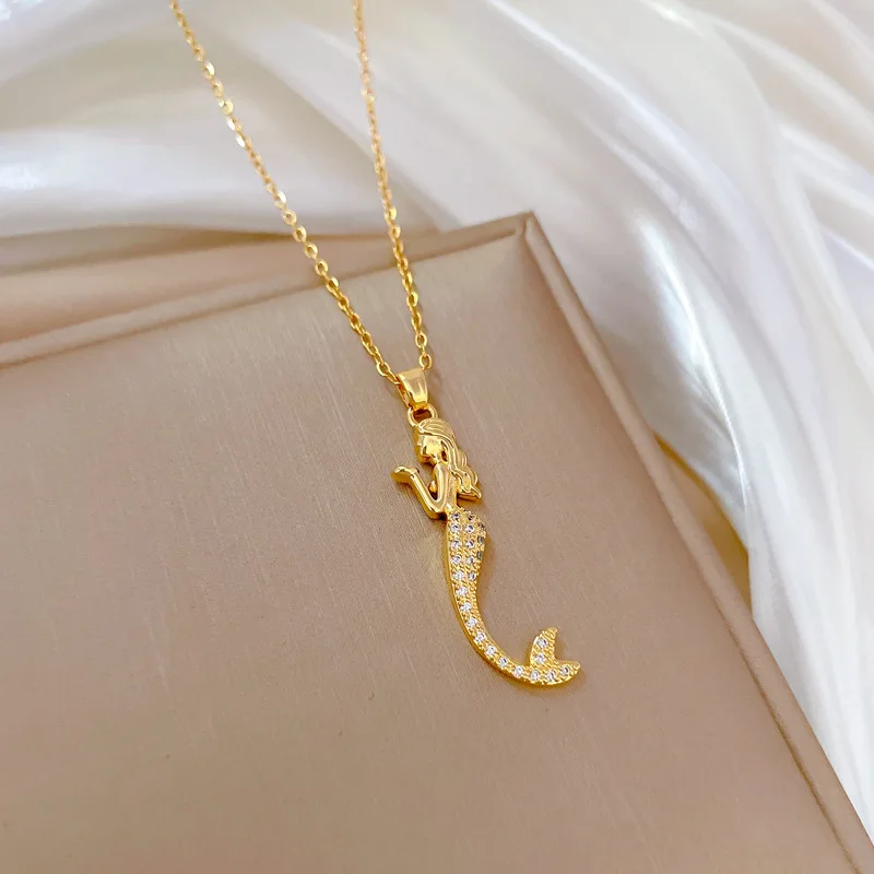 Classic Cute Micro Jewelry Mermaid Stainless Steel Necklace, Fashionable and Gorgeous Stainless Steel Clavicle Chain