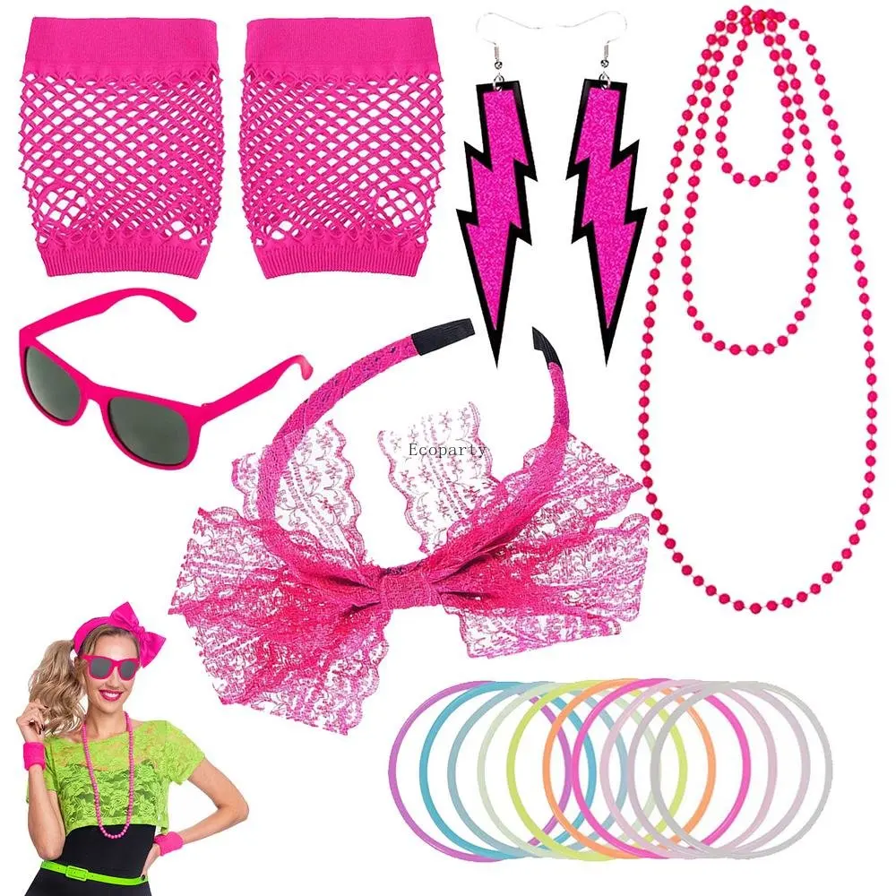 80s Girls Women Costume Clothes Accessories Party Props Fishnet Gloves Hairband Bracelets Earrings Necklace Kids Play House Toys