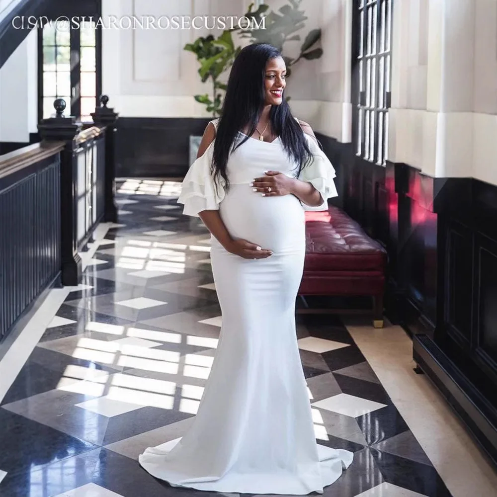 

European & American Women's Stretch Maternity Photography Dress with Cascading Collar and Train Ruffle Elegant A Line Pregnancy