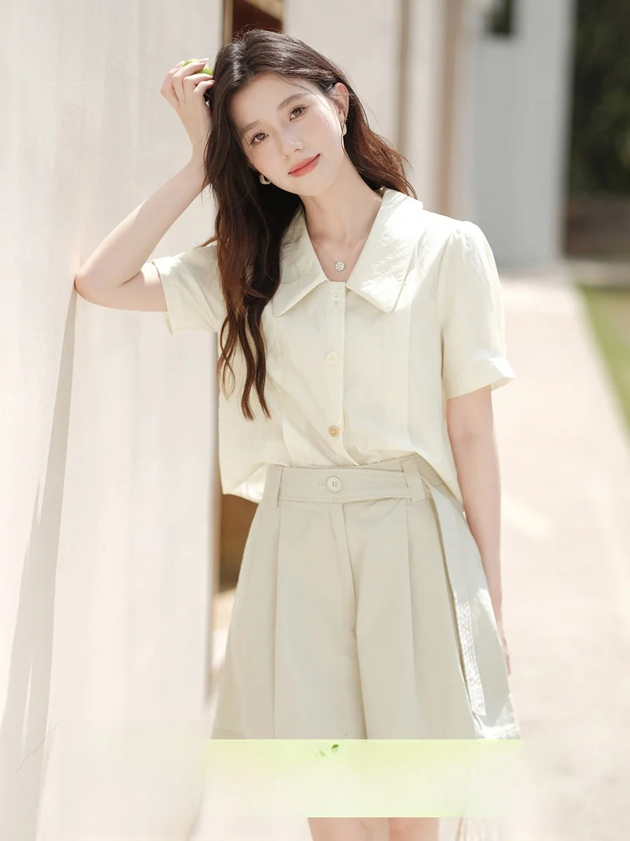 

Женская летняя рубашка Muyi с коротким рукавом и воротником, новый стиль, красивый корейский топ с рукавами-фонариками, приятный для кожи, дышащий, из хлопка.